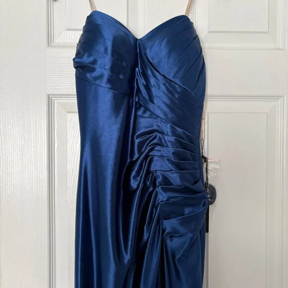 Faviana Navy Long Strapless Stretch Satin Dress Sweetheart Neck S10856 Glam Sz 4 - Picture 3 of 9